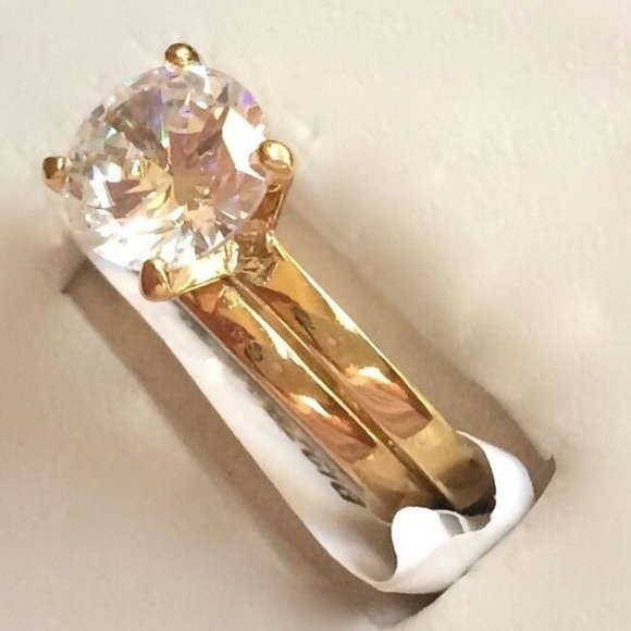 Cubic Zirconia Solitaire Engagement Ring Wedding Set Size 9 10 Gold Plated Band - Picture 7 of 10